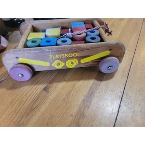 Playskool Wooden Wagon Toy Blocks Pull Along Vintage‎ Educational Toddler